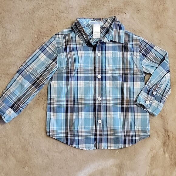JANIE AND JACK LIGHT BLUE AND TAN PLAID DRESS SHIRT, SIZE 18-24 MONTHS - Picture 1 of 5